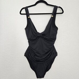 Ralph Lauren 10 Black One‎ Piece Swimsuit V-Neck Gold Detail Classic Ruched